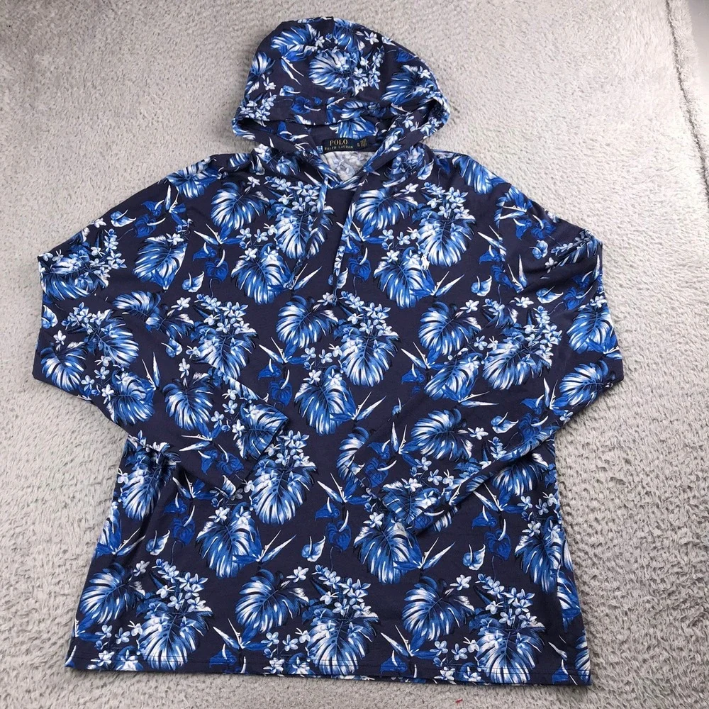 Polo Ralph Lauren Hooded T-Shirt Mens XL Blue Tropical Floral Palm Print Hoodie